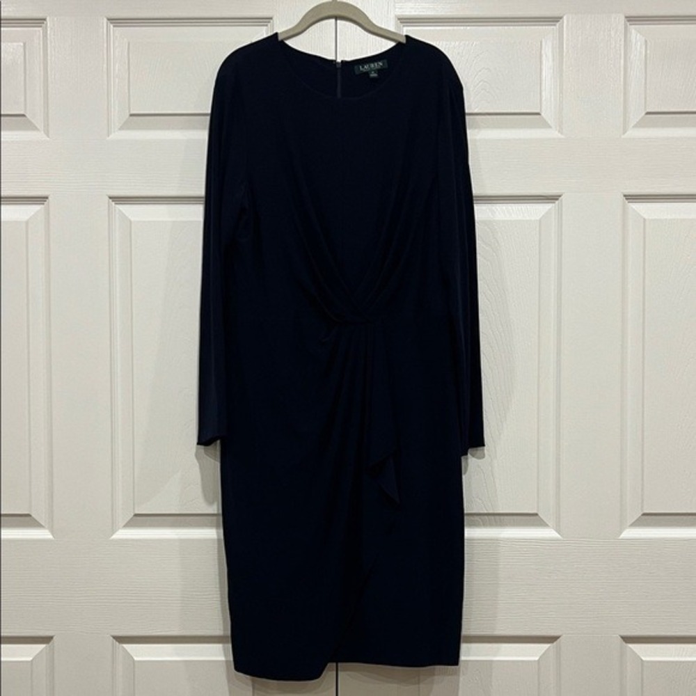 LAUREN RALPH LAUREN Wrap Dress 3/4 Length LS Navy Blue Womens Size 18 Plus Size‎